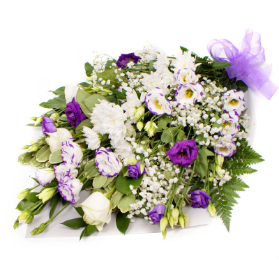 Sympathy Flowers Purple - Funeral or Sympathy flowers, in shades of purple, blue and white, wrapped subtly in cellophane to protect during delivery.



For this bouquet we select the freshest flowers and foliages of the season, and, leaving their stems quite long, wrap them in tissue, cellophane or florist wrapping paper, tying them with twine and finishing with a toning ribbon tie.

Flower varieties often used are oriental lilies, longi lilies, lizianthus, chrysanthemums, bloom chrysanthemums, roses, carnations, spray  carnations, statice, freesia, eryngium, hypericum berries, eucalyptus, ruscus, palm leaves, aspidistra leaves, twigs, steel grass, and bere grass.

The display does not contain water and is designed to be laid flat showing off all the blooms to perfection. Wrapping is kept to a minimum and is there for support mainly, allowing the flowers to be seen unobstructed.