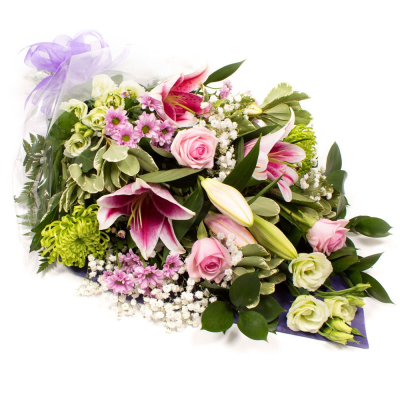 Sympathy Flowers Pink - A stunning selection in pink, lilac, green and white shades.



For this bouquet we select the freshest flowers and foliages of the season, and, leaving their stems quite long, wrap them in tissue, cellophane or florist wrapping paper, tying them with twine and finishing with a toning ribbon tie.

Flower varieties often used are oriental lilies, longi lilies, lizianthus, chrysanthemums, bloom chrysanthemums, roses, carnations, spray  carnations, statice, freesia, eryngium, hypericum berries, eucalyptus, ruscus, palm leaves, aspidistra leaves, twigs, steel grass, and bere grass.

The display does not contain water so the flowers and foliages will need unwrapping , trimming with scissors or a knife, and putting into a vase of fresh water. Flower food is supplied and should be added to the vase water to prolong the life of  the flowers.