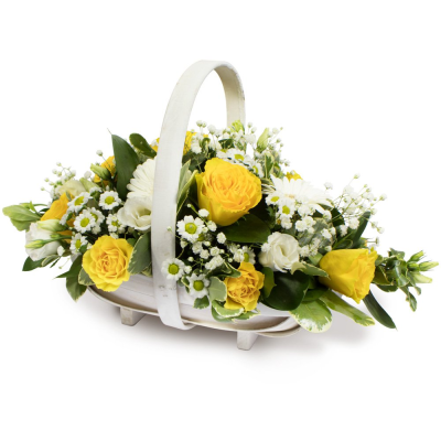 Yellow Basket - An arrangement of mixed flowers in a basket in shades of yellow and white.

Your florist will choose the freshest flowers and foliage to create a pretty all-round arrangement in florist oasis, a water retaining foam which securely holds the flowers and greenery in place. Fresh water can be added to the foam, ideally on a regular basis, to keep your display looking its best for days to come. Baskets vary from natural coloured trug style baskets to woven whitewashed ones with a high handle. We will select the most suitable shape and size to suit your display.

Flower varieties may include oriental lilies, longi lilies, lizianthus, roses, gypsophila, alstroemeria, chrysanthemums, bloom chrysanthemums, freesia, carnations, spray carnations, statice, eucalyptus, ruscus, grivellia, aspidistra leaves, leatherleaf, palm leaves and beregrass. An all  round design.