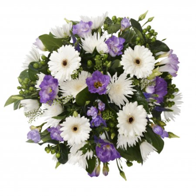 Purple and White Posy - A posy of flowers in shades of purple and white.

Your florist will create this round, posy-shaped arrangement in florist oasis foam which holds water. It is a traditional, but less formal style tribute than say a wreath, suitable for a funeral ceremony or commemoration occasion.  The flower stems are cut fairly short and inserted into the florist foam, holding them securely so the tribute retains is round shape for days to come.

Many varieties of flowers can be used, some of them known for lasting longer than others. They will often include oriental lilies, longi lilies, lizianthus, roses, chrysanthemums, bloom chrysanthemums, freesia, carnations, spray carnations, statice, wax flower, september flower, solidago, eryngium, hypericum berries, eucalyptus, ruscus, parviola, leather leaf, rosemary, mint and thyme. At Twig & Twine we like to include herbs in our designs, giving them a more cottage garden and natural appearance to the more formal foliages.