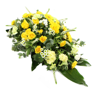 Bright Yellow Spray - A spray of mixed seasonal flowers in shades of bright yellow, gold, cream and white

Your florist will make you a beautiful arrangement called a “spray”, the freshest flowers of the season arranged into florist foam. The foam holds water meaning that your tribute will arrive at its destination in perfect condition. The shape is roughly a teardrop shape, tapering to a point at one end. This is both a traditional and natural looking display, with the flower stems being left a little bit longer than on say a wreath or posy style funeral arrangement.

Many varieties of flowers can be used, often including oriental lilies, longi lilies, lizianthus, roses, carnations, spray carnations, statice, wax flower, september flower, solidago, eryngium, hypericum berries, eucalyptus, ruscus, parviola, leather leaf, aspidistra leaves, palm leaves, twigs, pussy willow and bere grass strands.