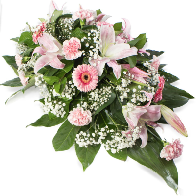 Pastel Pink Spray - A single ended spray in oasis in shades of pink.



Your florist will make you a beautiful arrangement called a “spray”, the freshest flowers of the season arranged into florist foam. The foam holds water meaning that your tribute will arrive at its destination in perfect condition. The shape is roughly a teardrop shape, tapering to a point at one end. This is both a traditional and natural looking display, with the flower stems being left a little bit longer than on say a wreath or posy style funeral arrangement.

Many varieties of flowers can be used, often including oriental lilies, longi lilies, lizianthus, roses, carnations, spray carnations, statice, wax flower, september flower, solidago, eryngium, hypericum berries, eucalyptus, ruscus, parviola, leather leaf, aspidistra leaves, palm leaves, twigs, pussy willow and bere grass strands.

For this arrangement, predominently pink lilies and carnations with white gypsophila will be used.