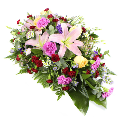 Large Mixed Spray - Large mixed colour and flower spray in oasis.



A spray of flowers in shades of pink, purple, cream, burgundy, white. This makes a truly stunning display, suitable for a lady or a gentleman, uplifting colours brighten the day.

Your florist will make you a beautiful arrangement called a “spray”, the freshest flowers of the season arranged into florist foam. The foam holds water meaning that your tribute will arrive at its destination in perfect condition. The shape is roughly a teardrop shape, tapering to a point at one end. This is both a traditional and natural looking display, with the flower stems being left a little bit longer than on say a wreath or posy style funeral arrangement.

Many varieties of flowers can be used, often including oriental lilies, longi lilies, lizianthus, roses, carnations, spray carnations, statice, wax flower, september flower, solidago, eryngium, hypericum berries, eucalyptus, ruscus, parviola, leather leaf, aspidistra leaves, palm leaves, twigs, pussy willow and bere grass strands.