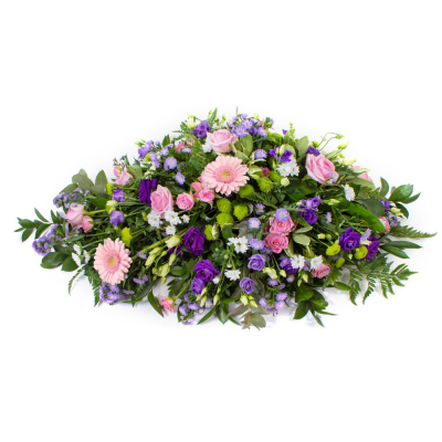 Pink Purple Large Spray - Large spray in pink and purple shades.



A spray of mixed seasonal flowers in shades of pink, purple, lilac and green.

Your florist will make you a beautiful arrangement called a “spray”, the freshest flowers of the season arranged into florist foam. The foam holds water meaning that your tribute will arrive at its destination in perfect condition. The shape is roughly a diamond shape, wide in the centre, tapering to a point at either end. This is both a traditional and natural looking display, with the flower stems being left a little bit longer than on say a wreath or posy style funeral arrangement.

Many varieties of flowers can be used, often including oriental lilies, longi lilies, lizianthus, roses, carnations, spray carnations, statice, wax flower, september flower, solidago, eryngium, hypericum berries, eucalyptus, ruscus, parviola, leather leaf, aspidistra leaves, palm leaves, twigs, pussy willow and bere grass strands.