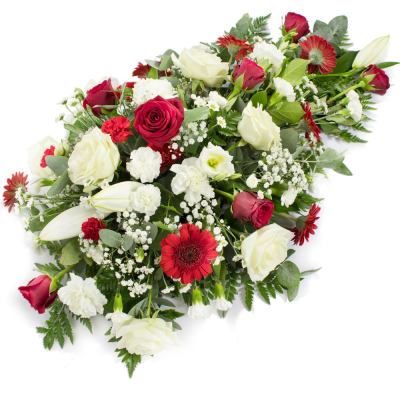 White and Red Spray - A spray of mixed seasonal flowers in shades of white, cream and red in oasis.