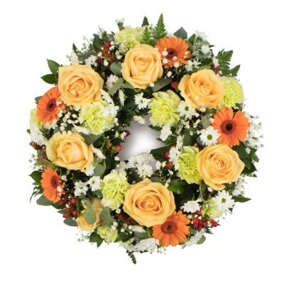 Orange and Peach Wreath - Autumnal shades wreath in orange, peach and green.



Your florist will create this ring-shaped wreath tribute using a selection of mixed variety and colour flowers, from those best available from the season. The flower stems are cut fairly short and inserted into water carrying florist oasis foam, so the tribute will retain its shape for days to come.

Varieties often include: chrysanthemums, bloom chrysanthemums, roses, carnations, spray carnations, lizianthus, solidago, gypsophila, wax flower, september flower, germini, spray roses, freesia, tulips, eucalyptus, parviola, leather leaf, myrtle, mint, rosemary, thyme, oregano, hypericum berries and eryingium.

This is a less modern and more formal style tribute, still popular today, due to its long-lasting properties. A wreath shape is often seen in the Winter and at Christmas, but it is also very suitable for use at any time of year with seasonal flowers.