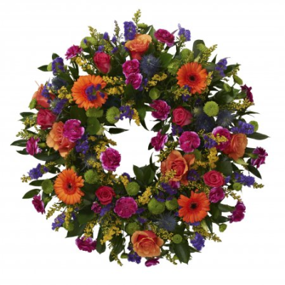 Vibrant Wreath - Wreath tribute in vibrant shades of orange, purple and pink with lime green.