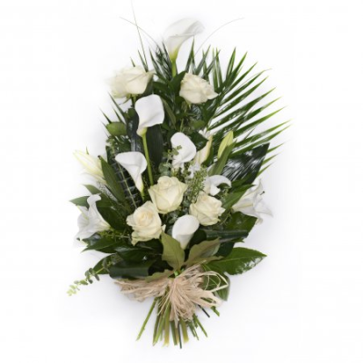 White Tied Sheaf - An elegant hand-tied sheaf of white and cream flowers.

A beautiful and naturally styled arrangement of fresh flowers and foliages.

Your florist will choose the best flowers of the season, and a tie them into a hand-tied sheaf style arrangement. A sheaf is a bit like a bunch or bouquet, but the stems are spiralled and bound, preventing them from becoming dislodged. Once arranged they can be left natural, without further wrapping, or protected slightly by using florist paper or cellophane underneath to provide some support during transit.

Varieties often used will include: oriental lilies, longi lilies, calla lilies, chrysanthemums, bloom chrysanthemums, roses, lizianthus, solidago, september flower, statice, gypsophila, wax flower, carnations, spray carnations, eryngium, hypericum berries, eucalyptus, ruscus, palm leaves, aspidistra leaves, aralia leaves, twigs, steel grass, and bere grass.
