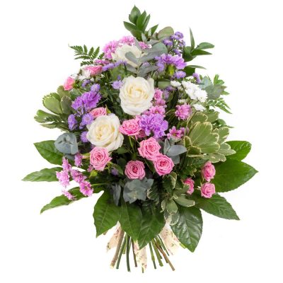 Lilac and Pink Sheaf - Tied Sheaf in Pink, Lilac & White.



A very naturally styled arrangement of fresh flowers and foliages.

Your florist will choose the best flowers of the season, and a tie them into a hand-tied sheaf style arrangement. A sheaf is a bit like a bunch or bouquet, but the stems are spiralled and bound, preventing them from becoming dislodged. Once arranged they can be left natural, without further wrapping, or protected slightly by using florist paper or cellophane underneath to provide some support during transit.

Varieties often used will include: oriental lilies, longi lilies, chrysanthemums, bloom chrysanthemums, roses, lizianthus, solidago, september flower, statice, gypsophila, waxflower, carnations, spray carnations, eryngium, hypericum berries, eucalyptus, ruscus, palm leaves, aspidistra leaves, twigs, steel grass, and bere grass.