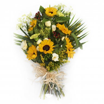 Yellow Tied Sheaf - A tied sheaf of yellow, cream and white flowers.

A very naturally styled arrangement of fresh flowers and foliages to include sunflowers and berries.

Your florist will choose the best flowers of the season, and a tie them into a hand-tied sheaf style arrangement. A sheaf is a bit like a bunch or bouquet, but the stems are spiralled and bound, preventing them from becoming dislodged. Once arranged they can be left natural, without further wrapping, or protected slightly by using florist paper or cellophane underneath to provide some support during transit.

Varieties often used will include: oriental lilies, longi lilies, chrysanthemums, bloom chrysanthemums, roses, lizianthus, solidago, september flower, statice, gypsophila, waxflower, carnations, spray carnations, eryngium, hypericum berries, eucalyptus, ruscus, palm leaves, aspidistra leaves, twigs, steel grass, and bere grass.
